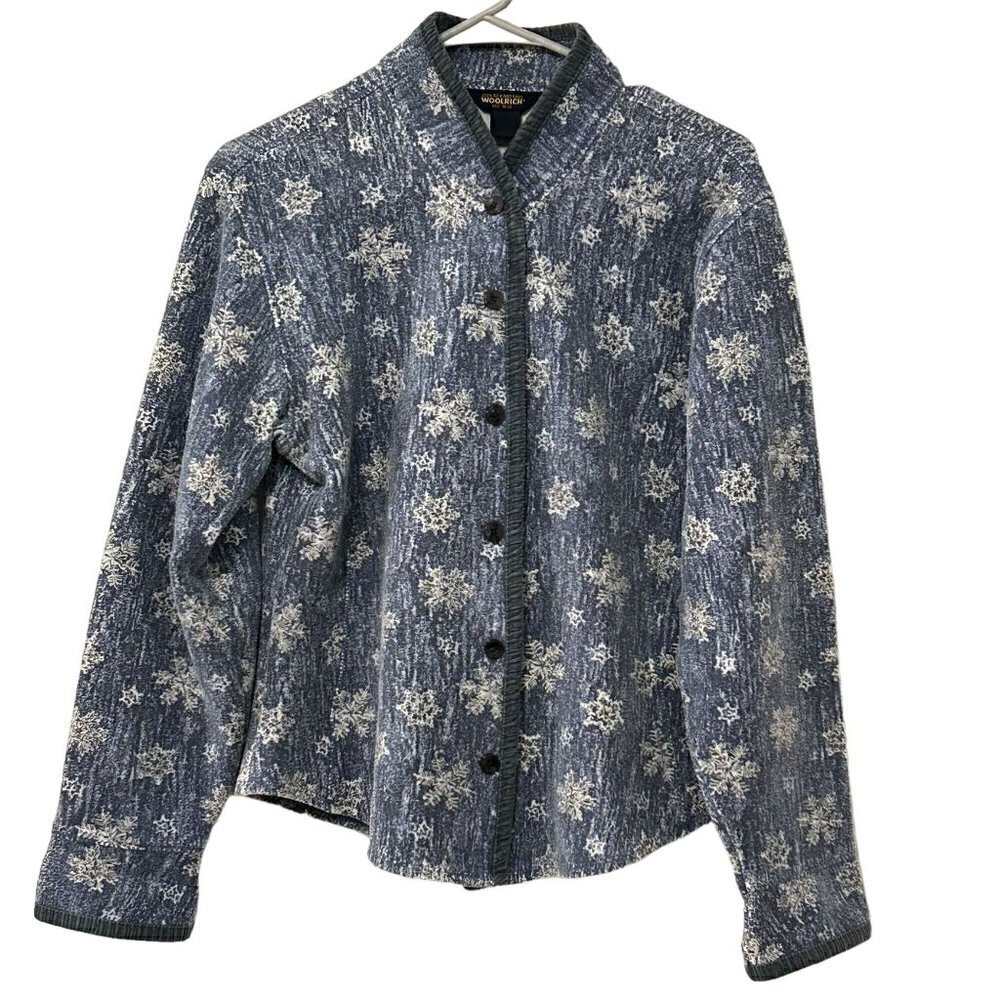 Woolrich John Rich & Bros Women's Blue Jacket Snow Flakes, Button Front, #O1411